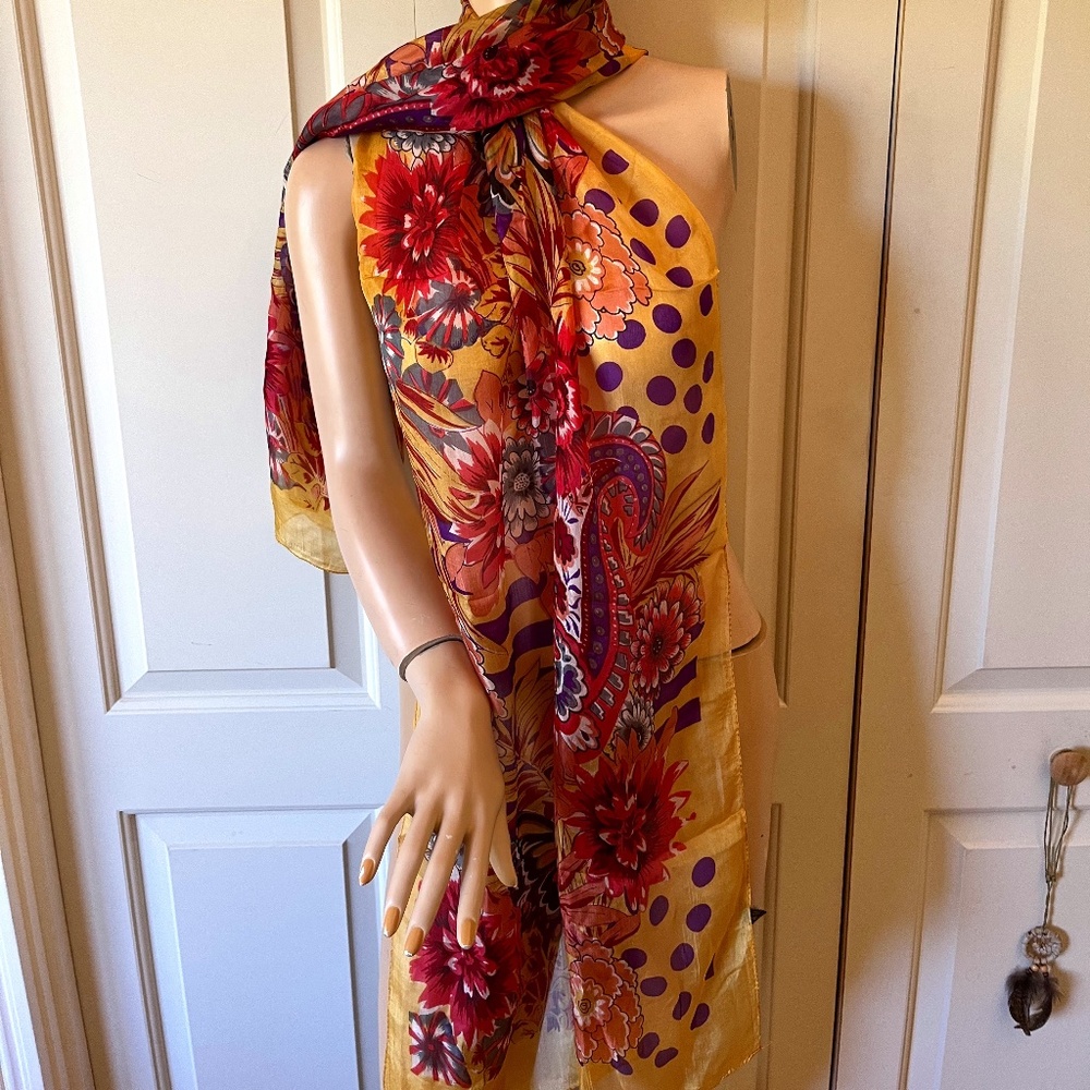 Silk Scarf Colorful Butterfly and Floral Pattern